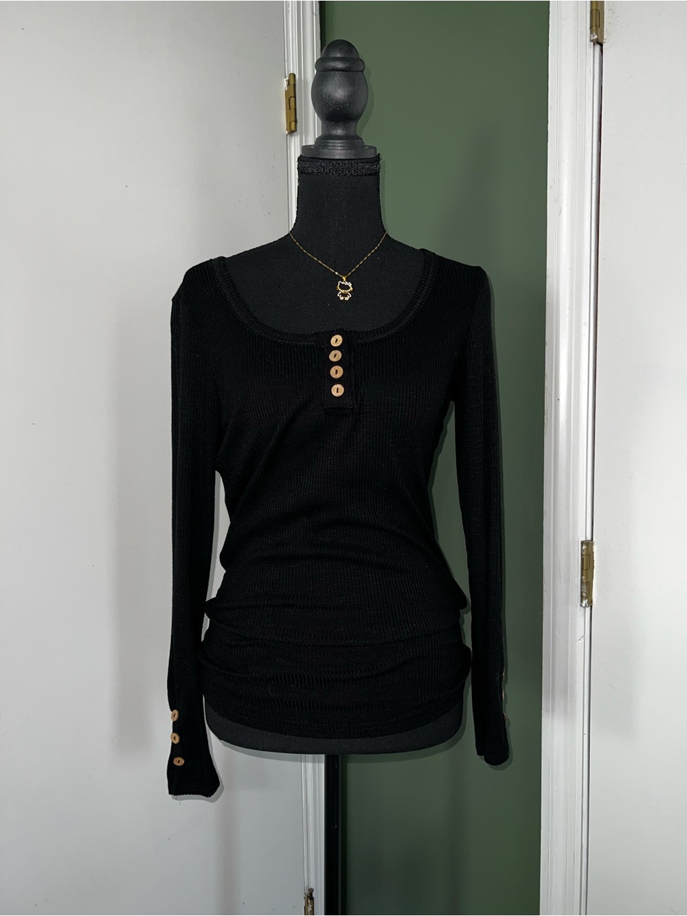 Kissfix Black Long Sleeve Henley Top with Wooden Buttons